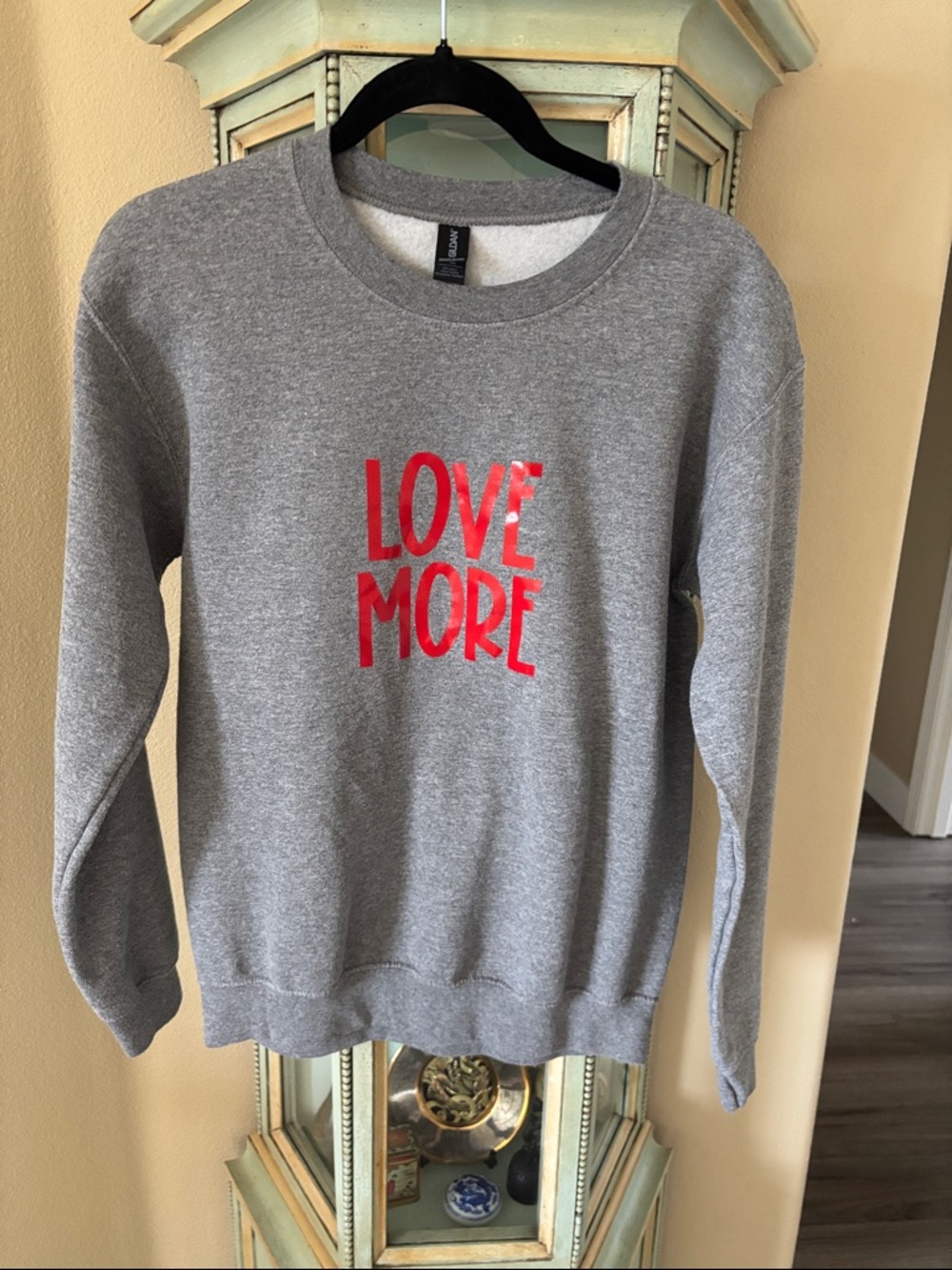 Gildan Gray Crewneck Sweater with Red LOVE MORE Graphic
